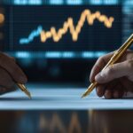 Seismic Highspot Merger Two CEOs signing merger contracts, gold pens in hand, a massive company logo on a digital screen behind them, business acquisition, formal agreements