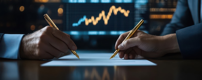 Seismic Highspot Merger Two CEOs signing merger contracts, gold pens in hand, a massive company logo on a digital screen behind them, business acquisition, formal agreements