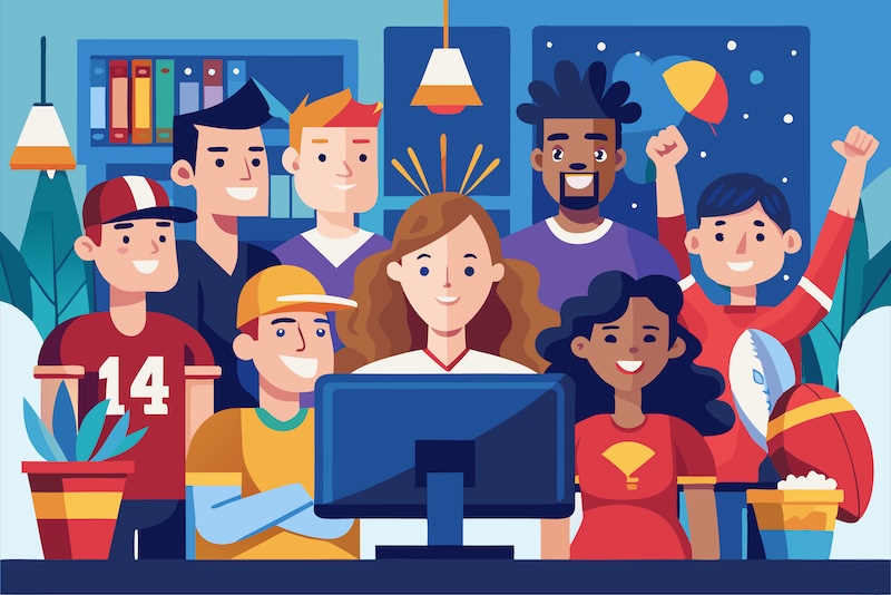 Typeface Jason Ing Enthusiastic group of friends watching super bowl at home party