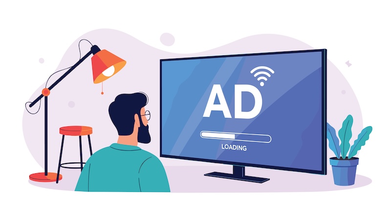 tvScientific streaming Man watching a loading advertisement on a large smart TV screen in a modern living room setting with a plant and lamp.