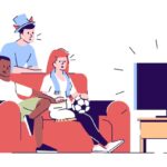 BIScience TV Friends watching game on TV flat vector illustration. Sport fans, team supporters wearing fans hat, scarf eating snacks isolated cartoon characters with outline elements on white background