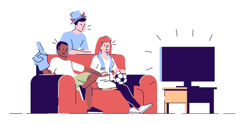 BIScience TV Friends watching game on TV flat vector illustration. Sport fans, team supporters wearing fans hat, scarf eating snacks isolated cartoon characters with outline elements on white background