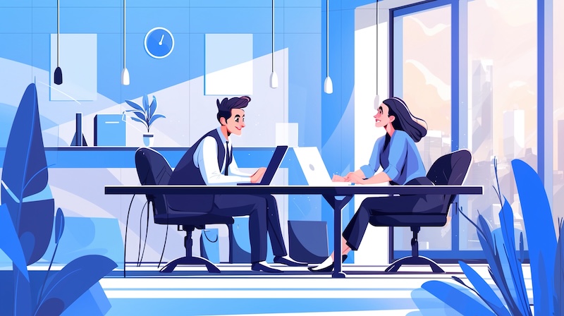 COSeries Webinar Creative Collaboration: A Middle Aged Professional Couple Designing Digital Marketing Materials for Business Growth in a Stylish, Modern Office Space with a Touch of Nature