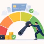 Chalice AI LiveRamp Growth Scores Businessman Pushing Credit Score Gauge Needle from Poor to Excellent, Concept of Financial Growth, Debt Management, Credit Repair, and Improving Credit History with Credit Card and Coins Vector.