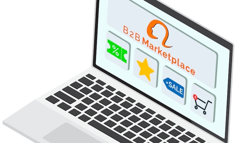 HG Insights Platform B2B marketplace vector trading platform with computer, business to business software. Purpose of business to produce goods and services for another company. Trade relations between legal entities