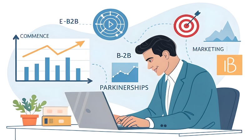 Infuse InkHub B2B business strategy concept. Businessman working with B2B virtual on laptop, conceptualizing strategy, partnership, targets in business to business services. E commerce, B2B