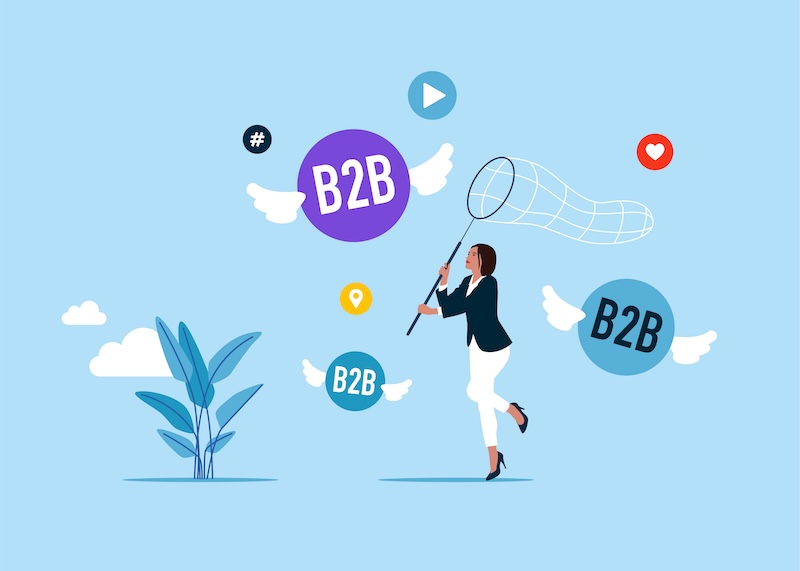 Multiply Raises $9.5M Social media network ads and internet. SMM, Internet notification. B2B word in speech bubble. B2B marketing. Flat vector illustration