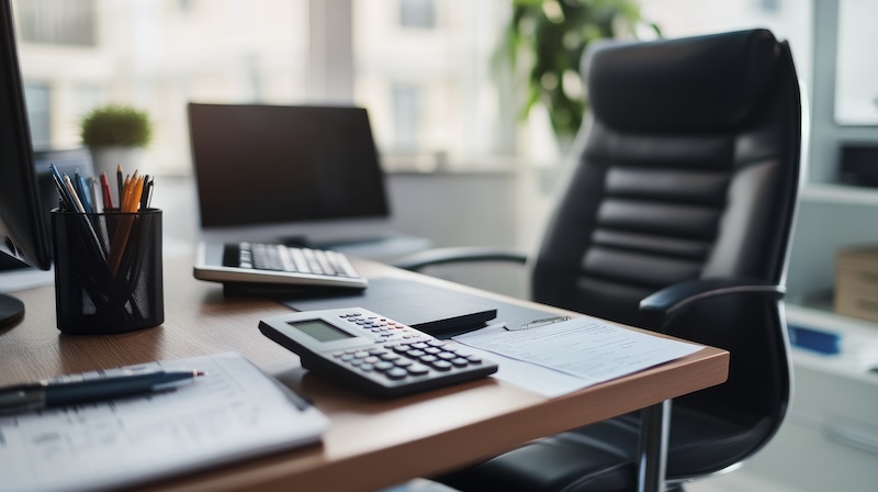 A contemporary white office with a black leather chair, a desktop computer, a calculator, and a wooden desk. The chief of staff has private office furnishings in the executive office.