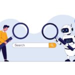 2X AEO Discovery Human person and a modern robot using magnifying glasses to investigate a search bar in a collaborative digital hunt.