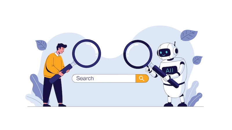 2X AEO Discovery Human person and a modern robot using magnifying glasses to investigate a search bar in a collaborative digital hunt.
