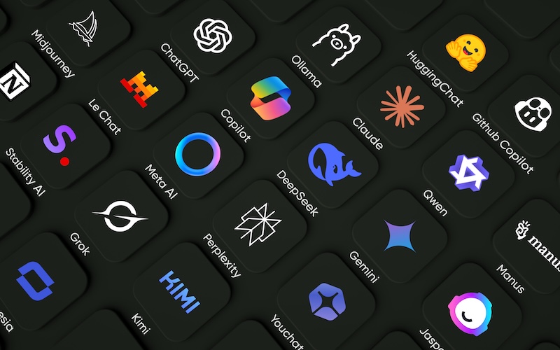 AI visibility B2B Buyers Illustration of ChatGPT, Gemini, DeepSeek, Copilot, meta AI, Claude, Grok, Kimi, Qwen, Notion, Jasper, Perplexity, You chat... on dark background