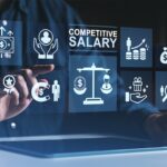 CaptivateIQ State of Incentive Compensation Management Report Businessman interacting with digital icons representing competitive salary and employee benefits on a futuristic interface in dark environment.