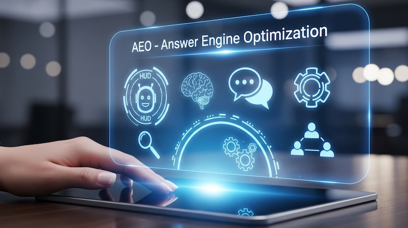 Conductor Introduces AgentStack AEO Answer Engine Optimization Hologram Interface With AI Icons on Digital Tablet