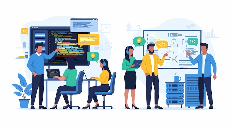 Demand Spring Gem Case Study Software development team collaborating on coding and project planning in a modern office environment