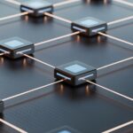 Domo AI Agent Builder Networked node grid with illuminated connector representing autonomous decision making system and distributed ai coordination.