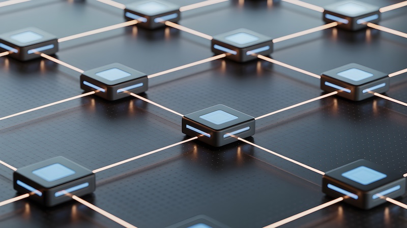 Domo AI Agent Builder Networked node grid with illuminated connector representing autonomous decision making system and distributed ai coordination.