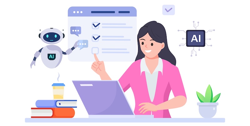 G2 Unveils Tools to Build Trust in AI Answer Era Woman using a laptop computer chatting with an artificial intelligence asks for the answers. Chat Bot, AI technology concept illustration