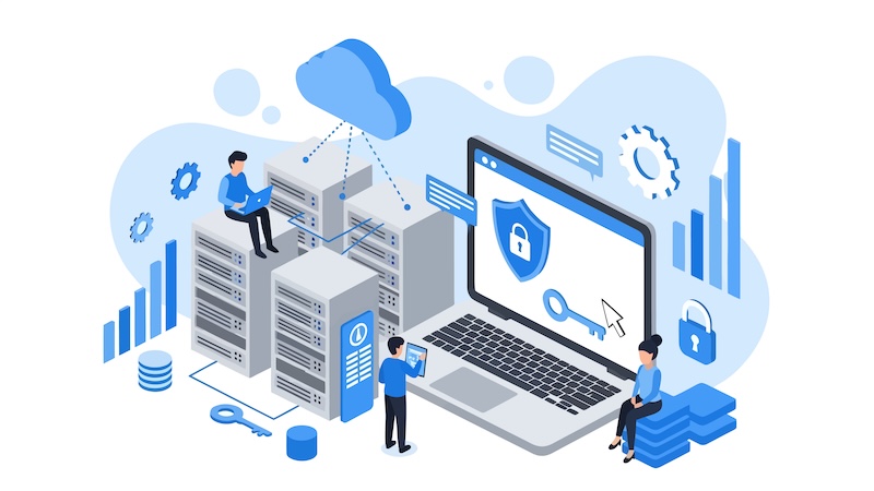 Global IT Spending Modern isometric vector illustration depicting cloud computing infrastructure, secure server management, cybersecurity data protection, and network analytics for digital business technology