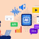 Hightouch DSP Woman using laptop surrounded by AI, API, code, and digital media icons, representing artificial intelligence development and integration.