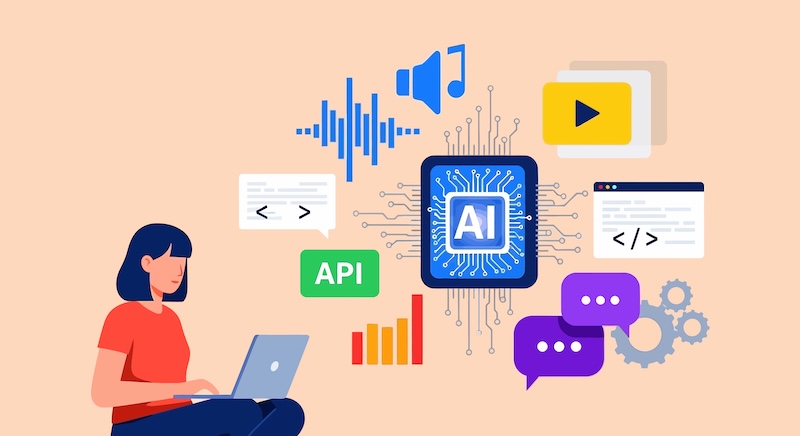 Hightouch DSP Woman using laptop surrounded by AI, API, code, and digital media icons, representing artificial intelligence development and integration.