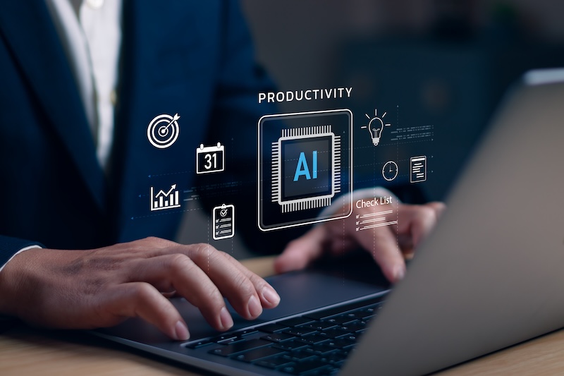 Digital.Marketing MarTech Integration concept of Artificial intelligence productivity. Business people working with laptop computers ,symbolizing AI ​​chip interface using automation to assist work and improve business efficiency