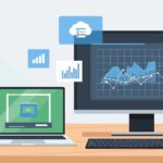 StackAdapt Modern office desk with a computer and laptop displaying data analytics charts, graphs, and floating icons for business intelligence and cloud computing concepts in a flat vector style