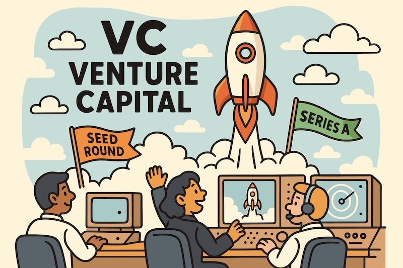 Tofu Raises $12 million GTM Rocket Powered Brand Launch. Cartoon style VC brand promotion with rocket launch, funding round flags, and mission control visuals