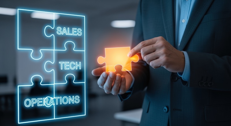 Xactly ServiceNow RevOps Business Integration Concept: Man Connecting Puzzle Pieces Representing Sales, Technology, and Operations for Strategic Growth