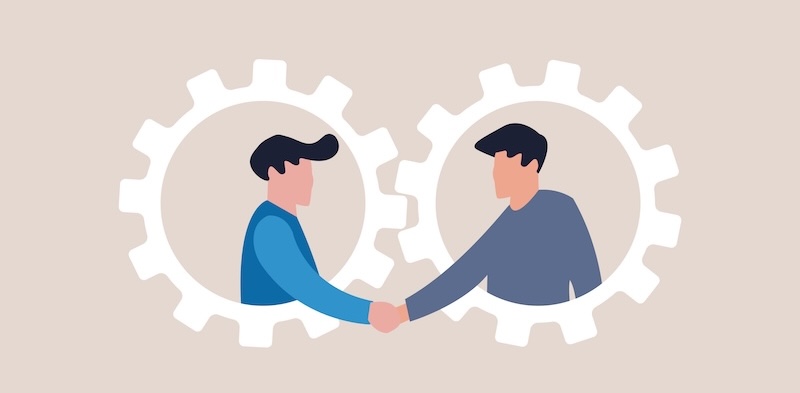 AppDirect Acquires PartnerStack Business negotiation, deal making or acquisition, merger vector concept. Two men shaking hands. Minimal design. Eps10 illustration