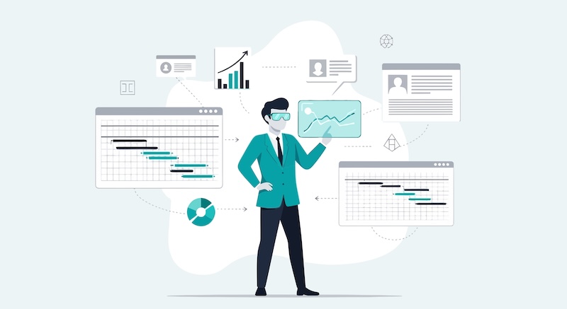 Gartner AI Is Reshaping B2B Buying, Man In Vr Headset Analysing Data Insights On A Floating Digital Interface