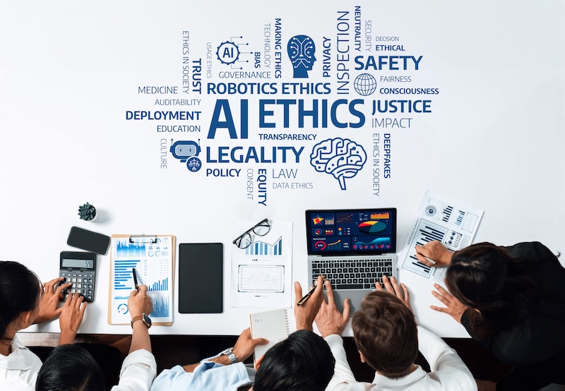 Gong Transparency in AI A Group of Professionals Collaborating on AI Ethics, Safety, Justice, and Transparency with Charts and Data Analysis on Laptops and Notebooks. Amity