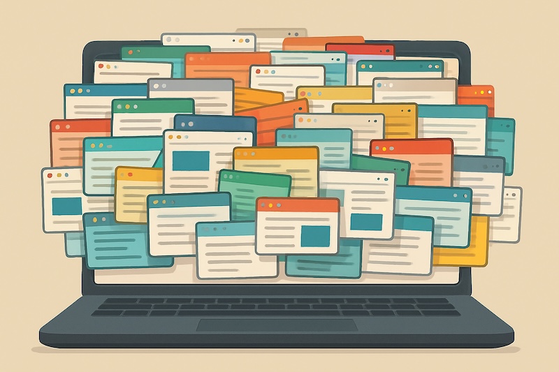 Idea Grove: AI Sparks Discovery, but Trust Signals Drive Decisions A laptop screen cluttered with excessive open tabs and windows, symbolizing digital overload, internet addiction, multitasking stress, and information overwhelm in the modern world