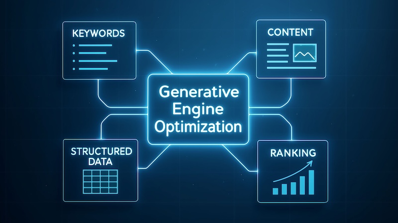 Parsnipp Launches GEO Platform Built on Real Buyer Behavior Generative engine optimization GEO diagram showing keywords, content, structured data and ranking concept of digital marketing, search visibility and online growth