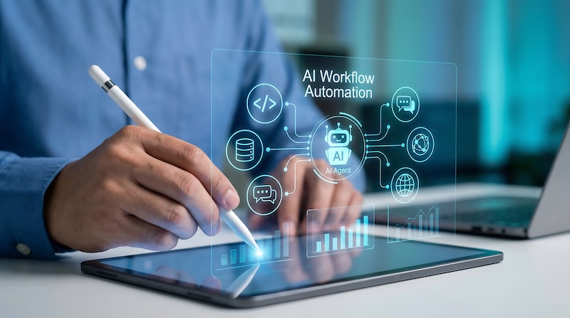 Xactly Launches Fleet of Agents for Revenue Planning, Compensation Person interacting with an AI workflow automation diagram on a tablet, featuring an AI agent, data processing, and connection icons, representing smart process management.