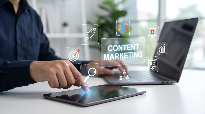 Brandpoint Content Marketing Person using tablet to manage content marketing strategy with interactive digital icons for audience targeting and creative media planning in modern office environment