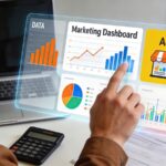 Businessman analyzing marketing dashboard on transparent screen, data visualization, advertising metrics, sales statistics, financial reports, corporate office workspace, digital