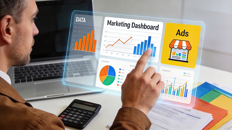 Businessman analyzing marketing dashboard on transparent screen, data visualization, advertising metrics, sales statistics, financial reports, corporate office workspace, digital