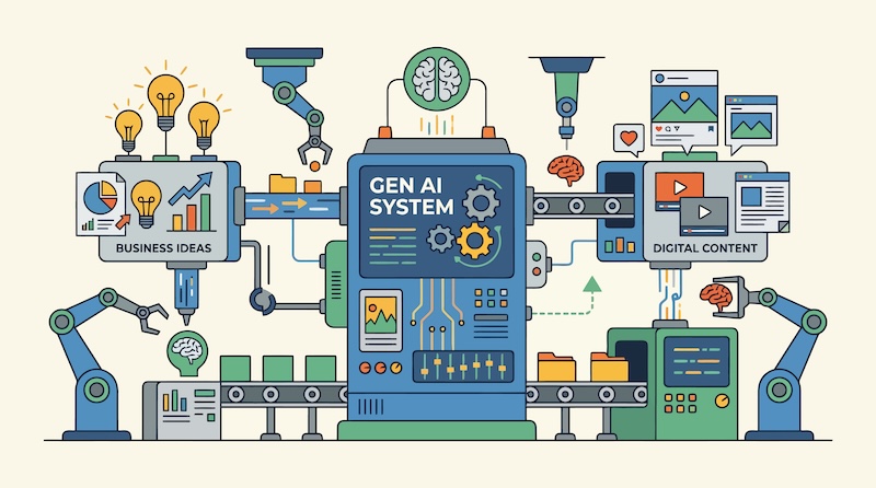 Gartner Marketing Symposium/Xpo Report: Automated Generative AI System Producing Business Ideas and Digital Content with Robotic Efficiency in bright studio background.