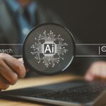 Rampiq Reveals What Content AI Search Engines Cite Most In B2B AI tech search concept, businessman use magnifying glass focus to AI search engine bar for data search optimization by artificial intelligence technology.