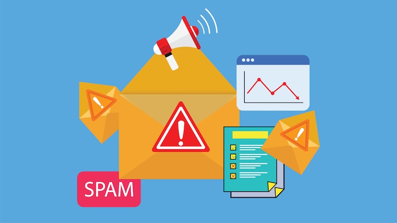 Validity Guy Hanson Email Marketing Mistakes Concept Illustration with Warning Icons, Spam Label, and Declining Performance Analytics