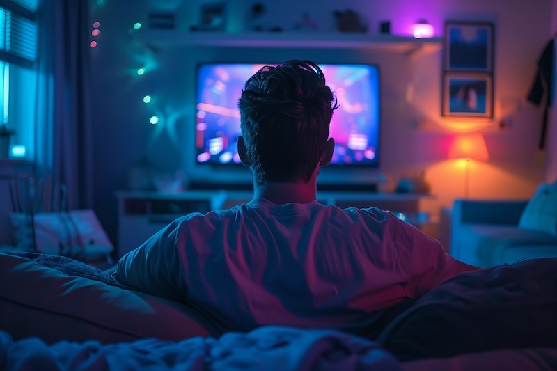 WunderKIND Ads Releases First Benchmarks for Programmatic CTV Pause Ads Man lounging on a couch in a living room, enjoying a movie playing on a smart TV.