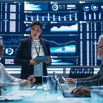insightsoftware’s Lusha Success Multiethnic Chief Financial Officer Holding a Meeting with a Group of Fintech Investors. Diverse Team of Managers, Analysts and Board Members Having a Meeting in Front of Big Digital Screen