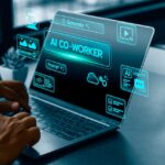 AI co worker interface on laptop with digital generate prompt chat automation and analytics icons representing human and artificial intelligence collaboration for modern business workflow