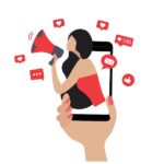 Circana Report Details Business Value of Influencer Marketing Beautiful woman shouting in loud speaker with social media icons. Influencer social media marketing, blogger, vlogging, social influencer and influencer marketing concept vector illustration
