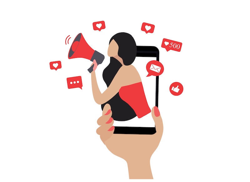 Circana Report Details Business Value of Influencer Marketing Beautiful woman shouting in loud speaker with social media icons. Influencer social media marketing, blogger, vlogging, social influencer and influencer marketing concept vector illustration